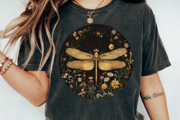 Gold Dragonfly & Wildflower PNG for Designers