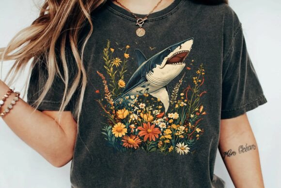 Great White Shark Floral Meadow Vintage Aesthetic Graphic Design Png