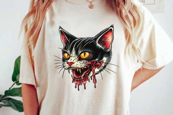 Scary Zombie Cat Traditional Tattoo Style Horror Halloween Graphic